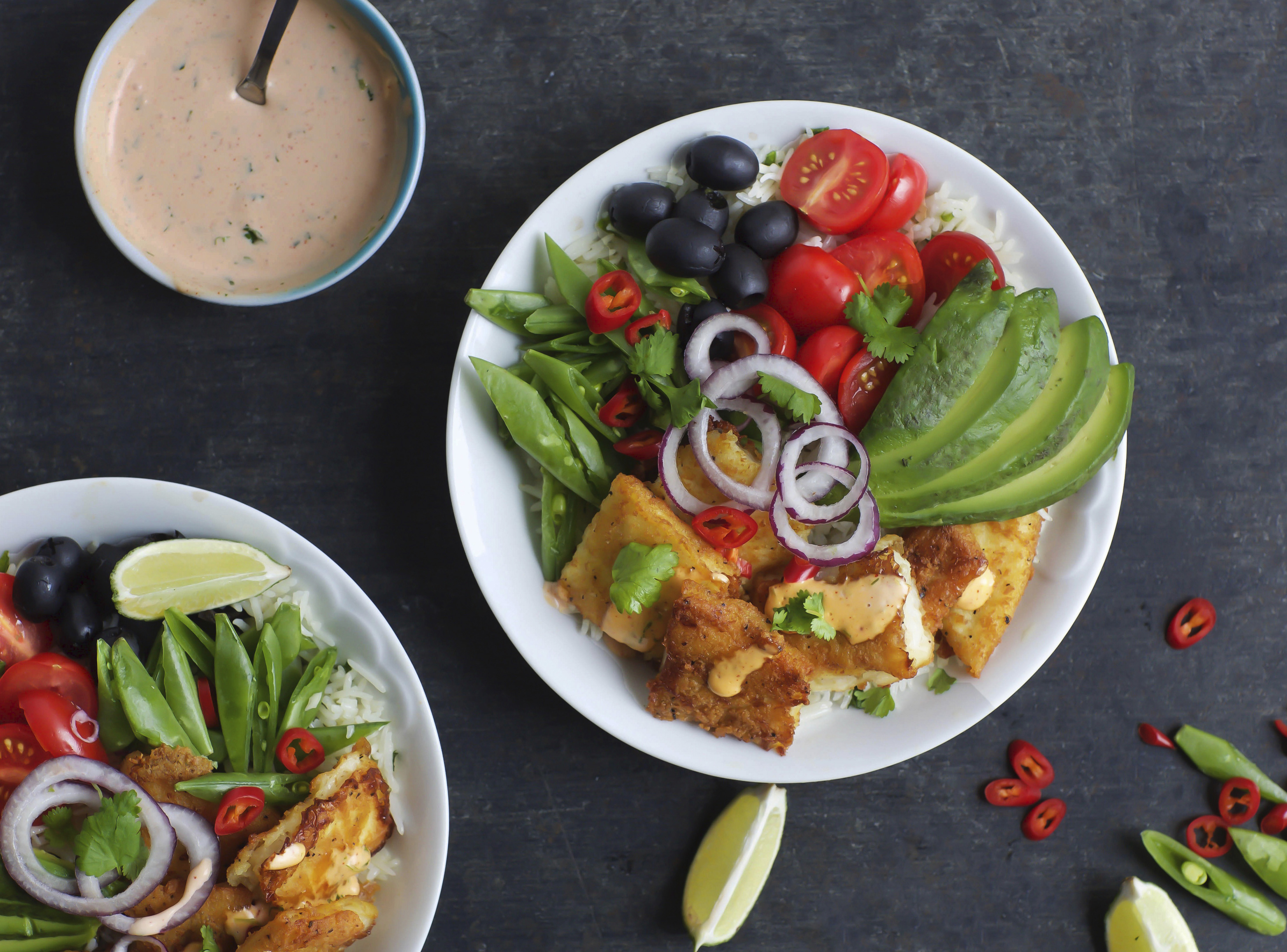 Burritoskåler med panert torsk 