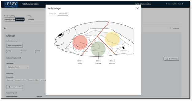 A screenshot of an illustrated fish with a green, a yellow and a red zone. 