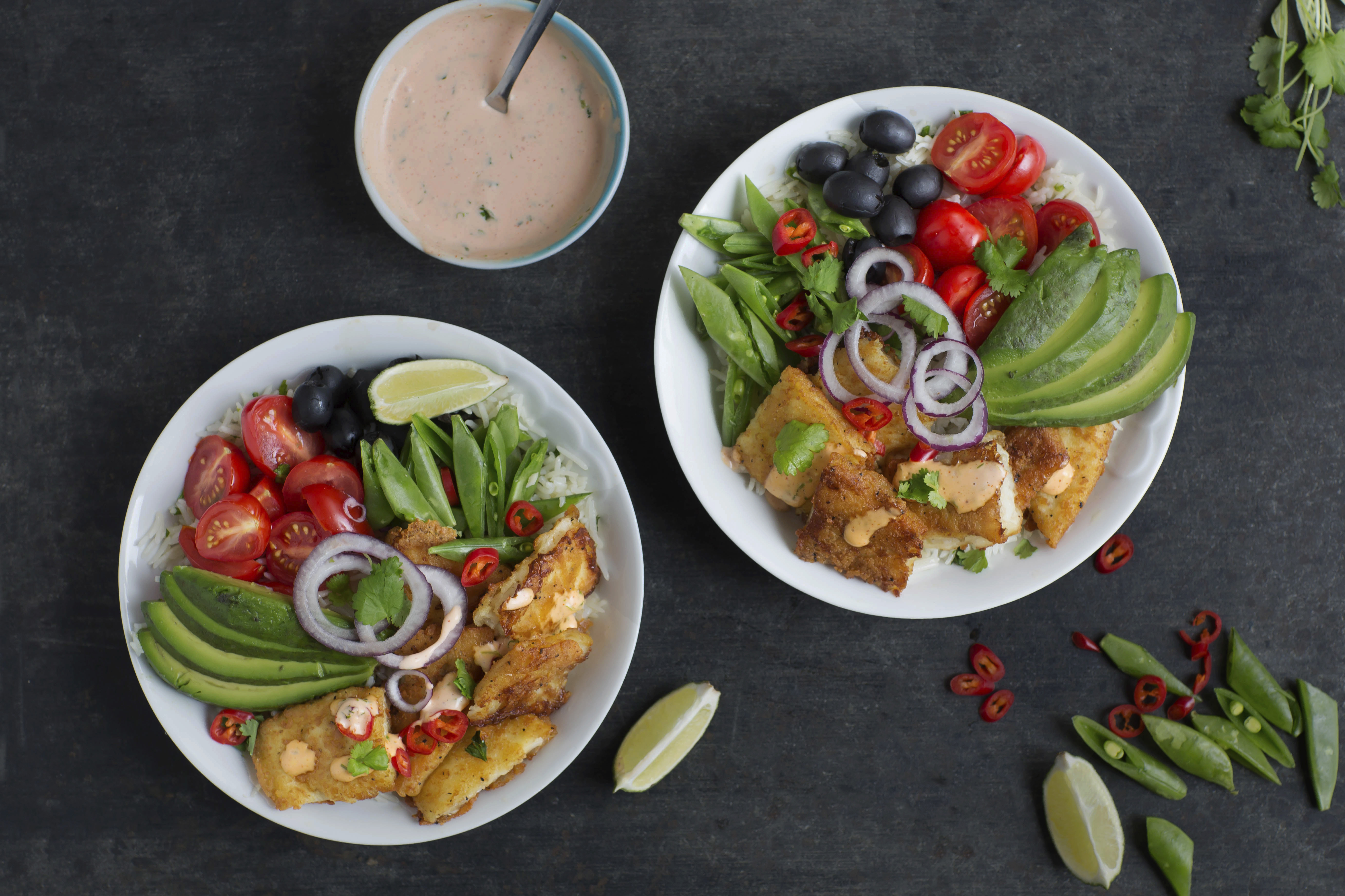 Burritoskåler med panert torsk 